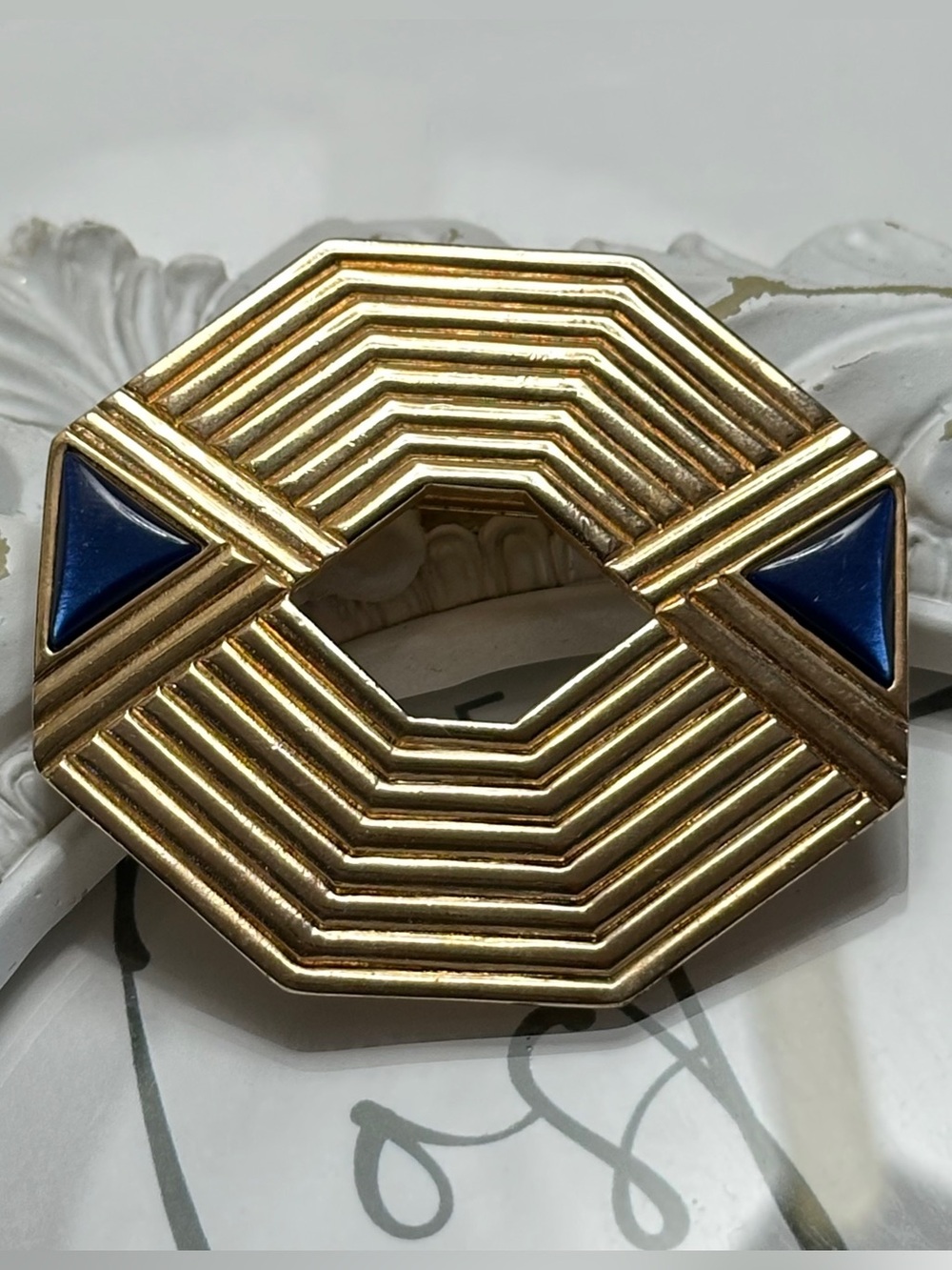 Vintage Signed Gallery Originals | Gold Geometric Brooch Pin w. Deep Blue Accent